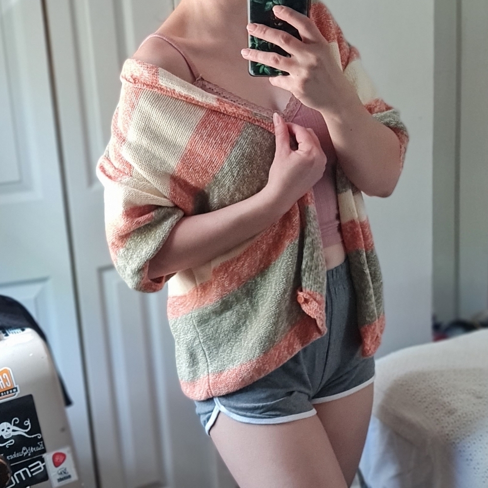 Cozy Striped Cozy Knit Cardigan Sweater - Peach, Cream, & Sage